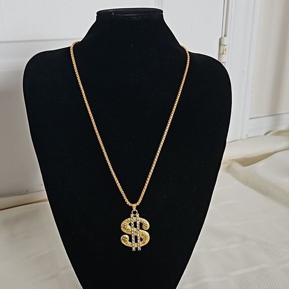 Men's Gold Plated Dollar Sign Pendant Chain 13" - Picture 1 of 16